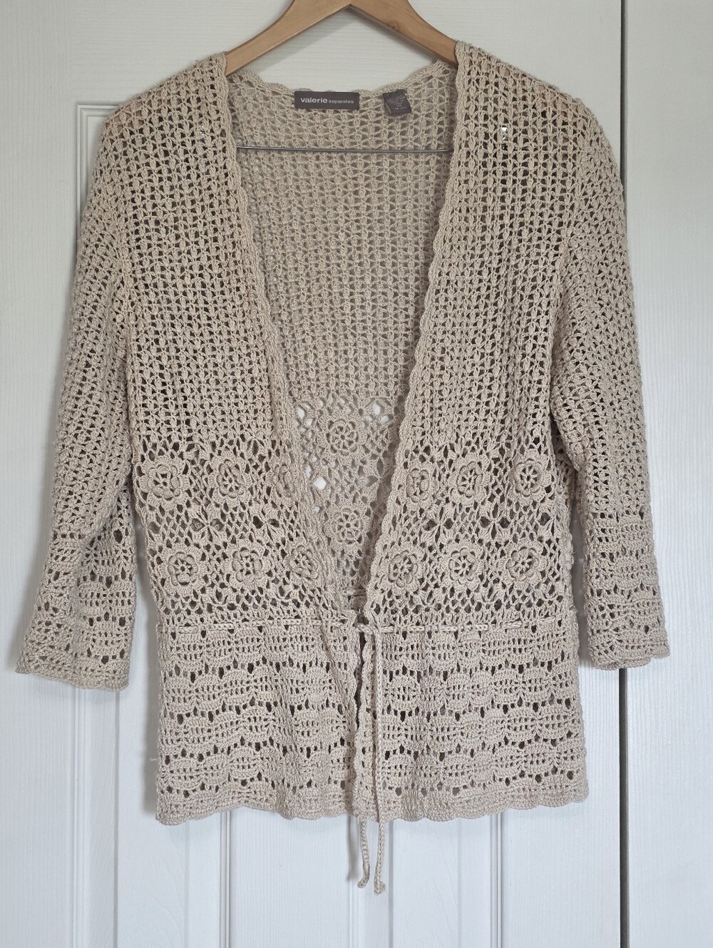 Valerie Separates Silk & Cotton Beige Crochet Openwork Cardigan Sweater
